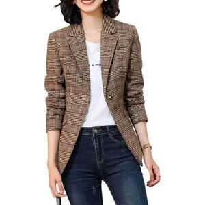 Ebossy Blazer Women Brown Notch Lapel 2Button Suit Houndstooth Plaid Jacket Coat
